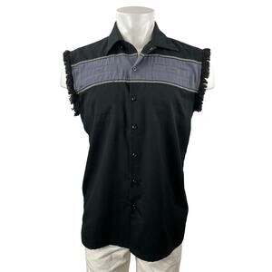 Biker Men's Black Fringe Sleeveless Pocket Colorblock Button Down Shirt Top Sz M